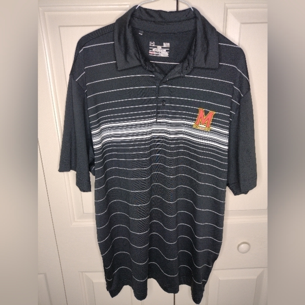 Under Armour University Of Maryland Flag Embroidered Stripped Polo Men's Large